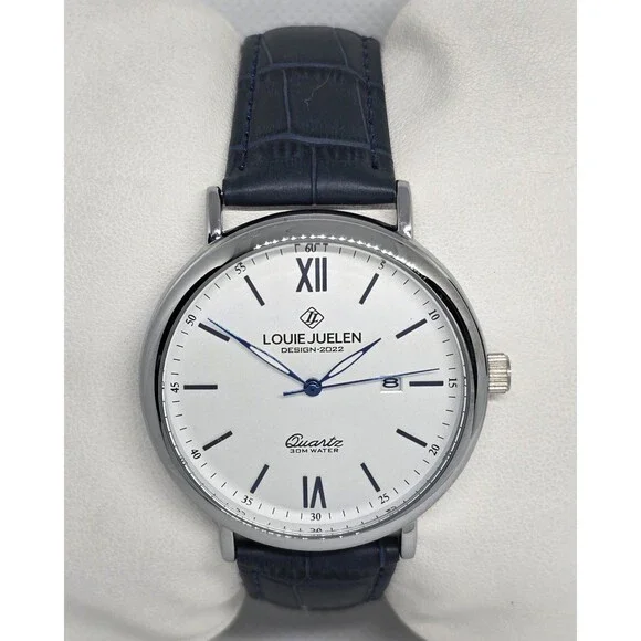 Man's Classic Luxury Round Date Silver Tone Case Blue Leather Strap Watch 13 - Picture 4 of 8